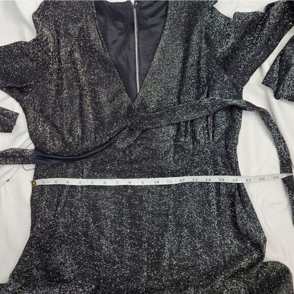 VINTAGE 70s silver sparkle long sleeve v-neck tie back maxi gown dress L - Picture 10 of 11